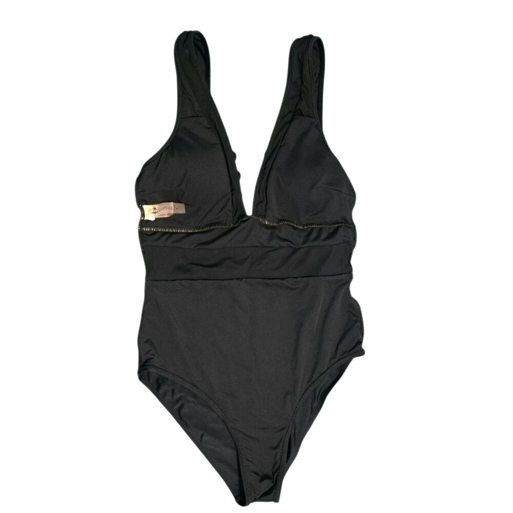 Cupshe One-Piece Swimsuit Black Scalloped V Neck Plunge Mesh Size S Bathing Suit - Picture 5 of 11
